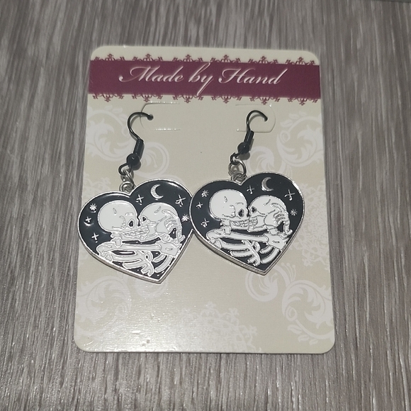 Hand Crafted Jewelry - Black & Silver Heart Skeleton Drop Earrings